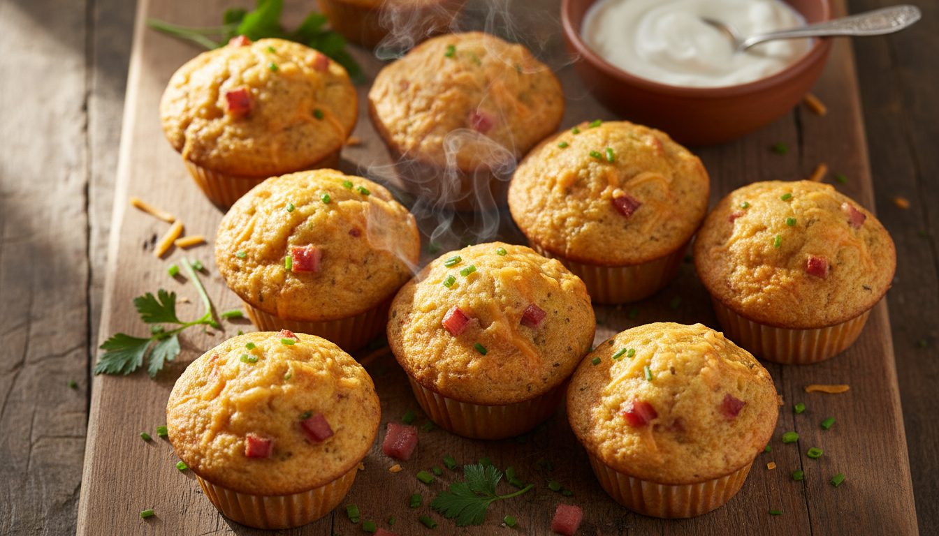 Freshly baked savory cheese and ham muffins on a wooden board