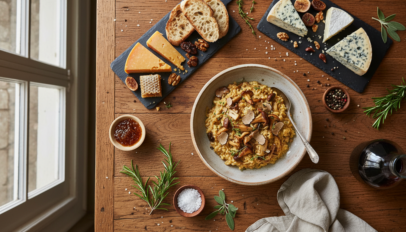 Gourmet dish with cheese and mushrooms on a rustic wooden table
