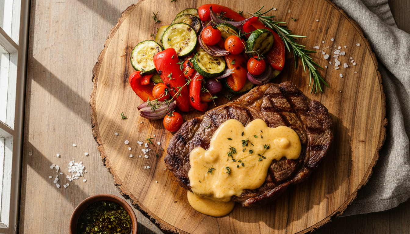Сочный стейк с сырным соусом и жареными овощами на деревянном столе